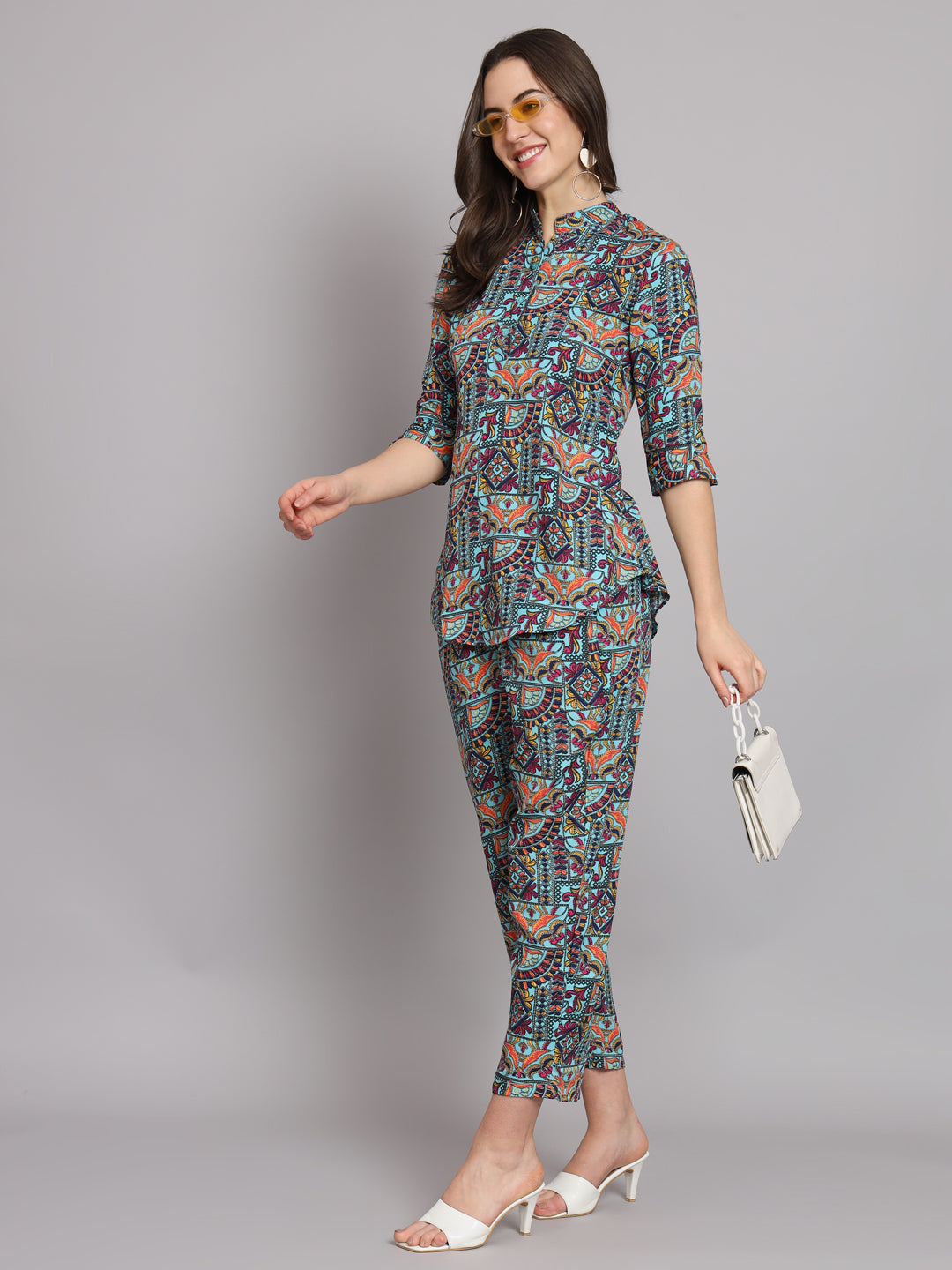 Ethnic Motif Printed Band Collar Top With Trousers Co-Ords