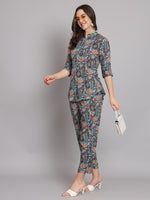 Ethnic Motif Printed Band Collar Top With Trousers Co-Ords