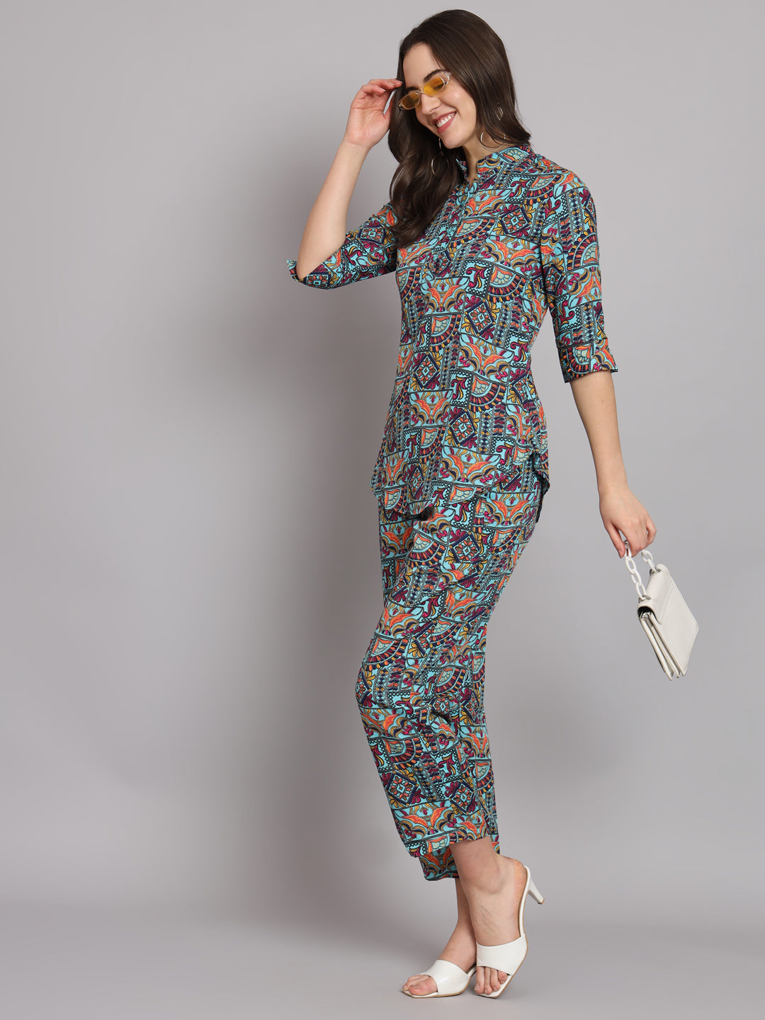 Ethnic Motif Printed Band Collar Top With Trousers Co-Ords
