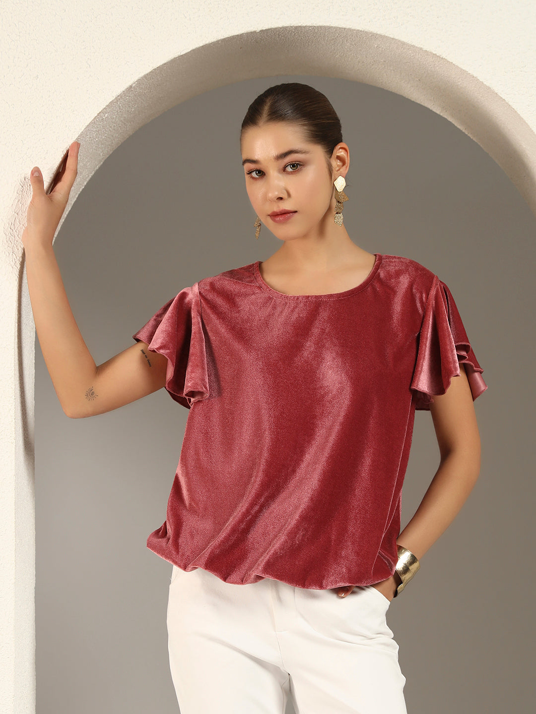 Women’s Velvet Flutter Sleeve Top