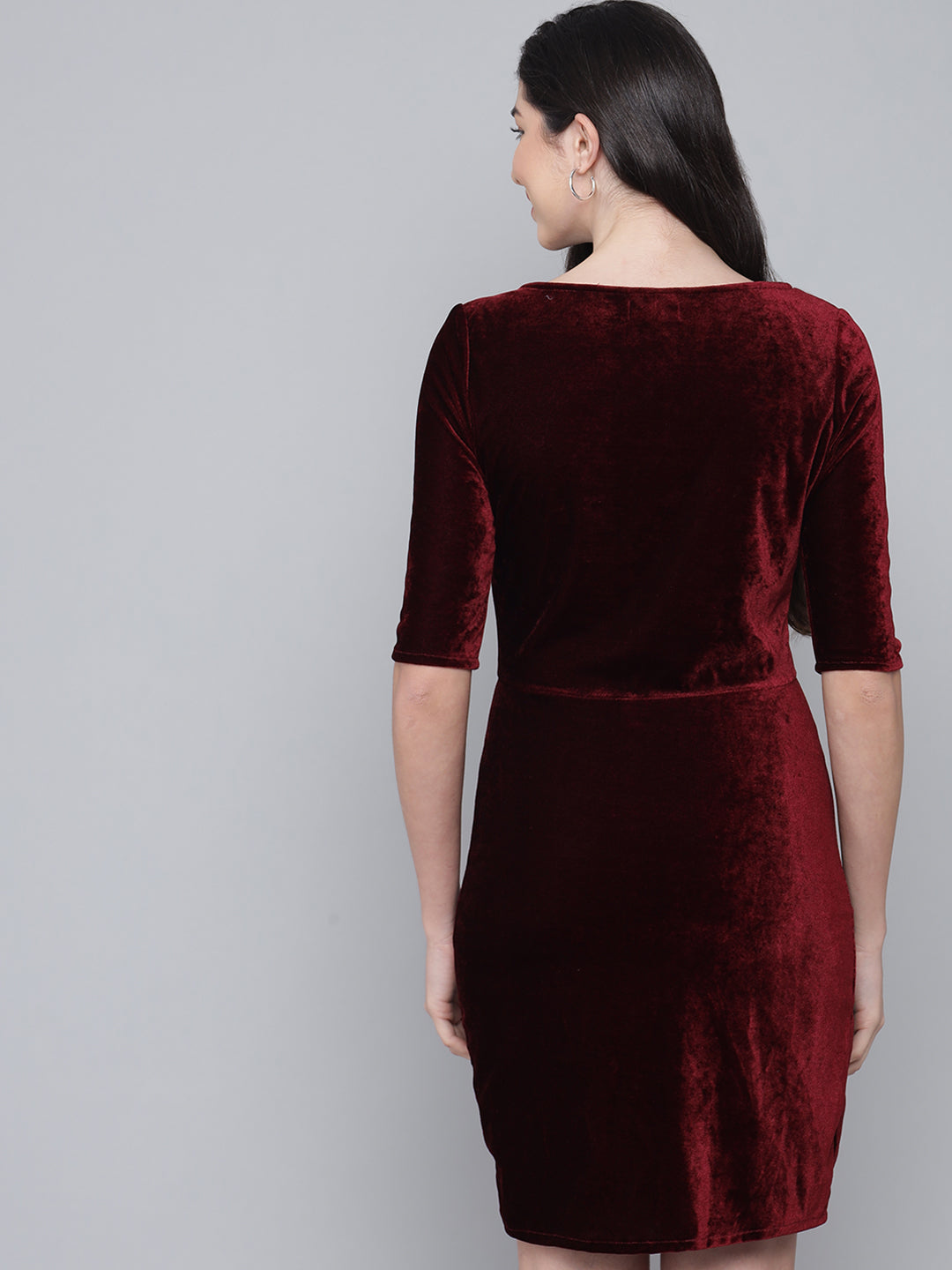 Boat Neck Gathered Surfacing Front Slit Velvet Sheath Dress