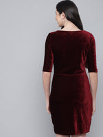 Boat Neck Gathered Surfacing Front Slit Velvet Sheath Dress