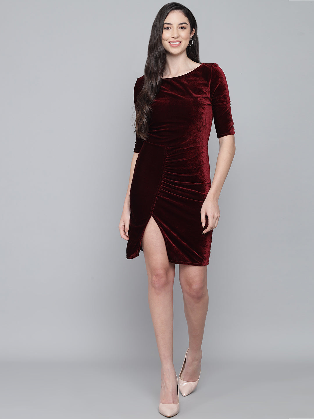 Boat Neck Gathered Surfacing Front Slit Velvet Sheath Dress