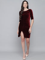 Boat Neck Gathered Surfacing Front Slit Velvet Sheath Dress