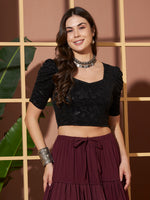 Black Crushed Velvet Shimmer Crop Blouse for Women