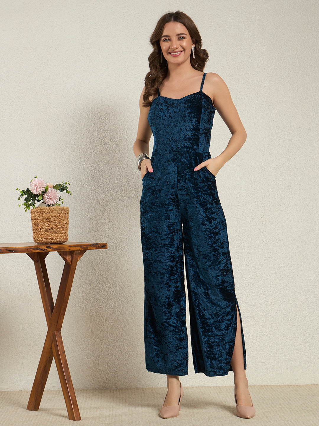 Royal Navy Crushed Velvet Wide-Leg Jumpsuit