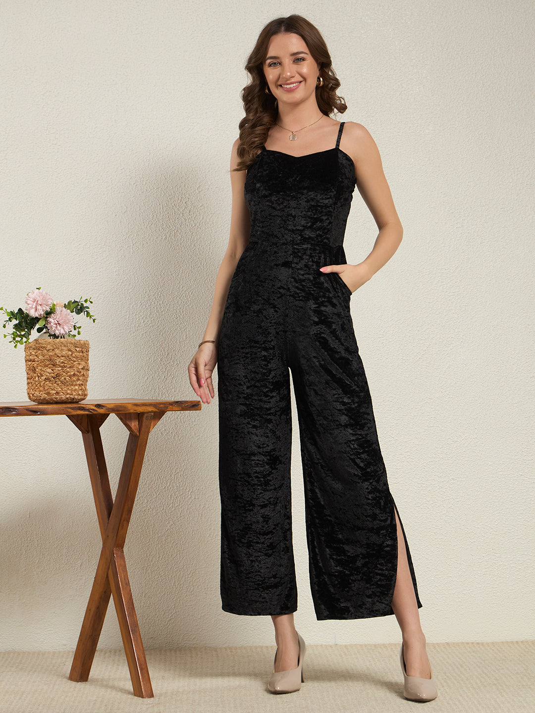 Raven Black Crushed Velvet Wide-Leg Jumpsuit