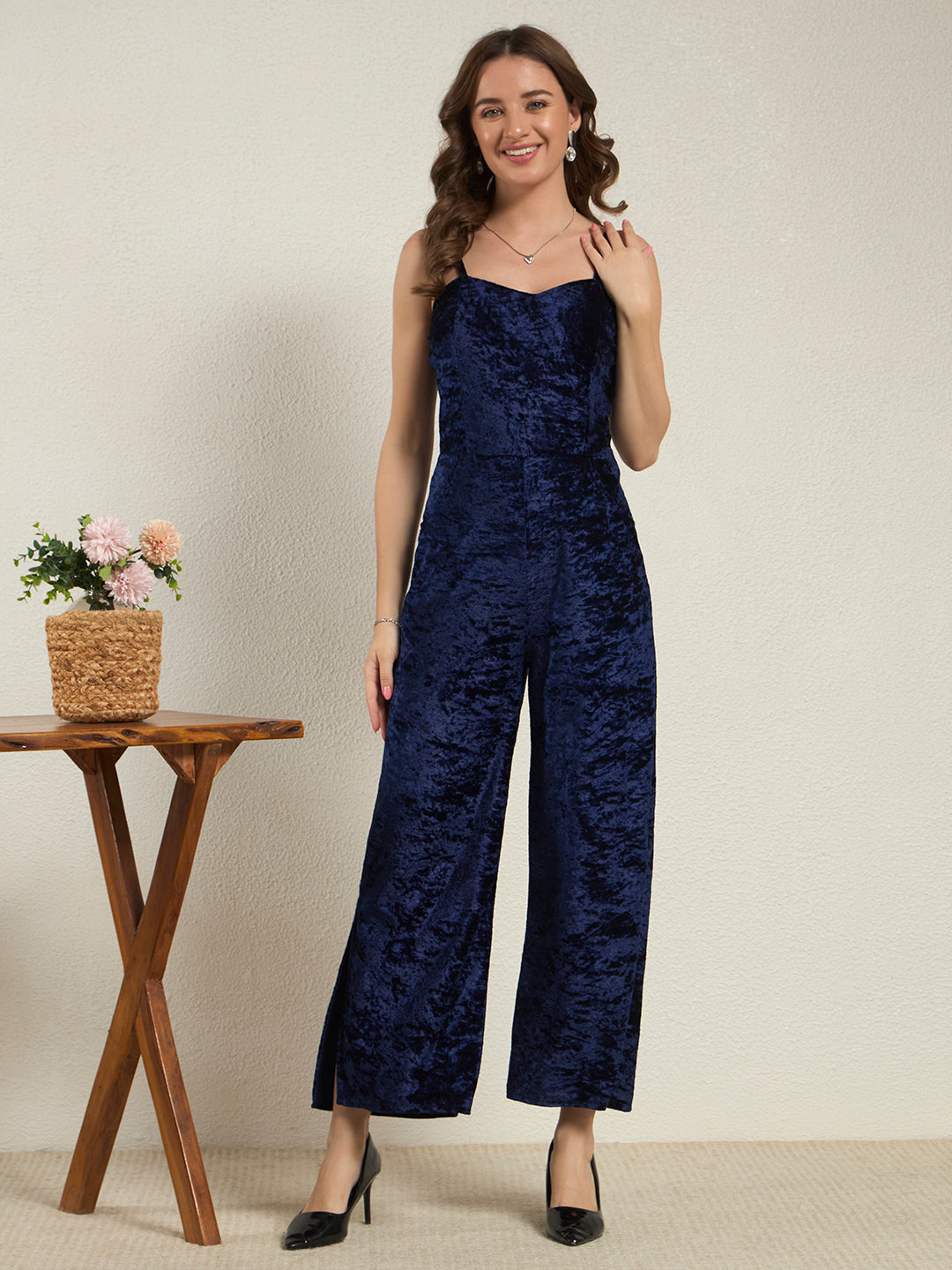 Jewel Blue Crushed Velvet Wide-Leg Jumpsuit