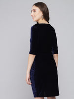 Boat Neck Gathered Surfacing Front Slit Velvet Sheath Dress