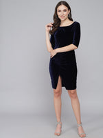 Boat Neck Gathered Surfacing Front Slit Velvet Sheath Dress