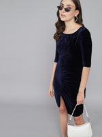 Boat Neck Gathered Surfacing Front Slit Velvet Sheath Dress