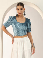 Crushed Velvet Puff-Sleeves Blouse for Women