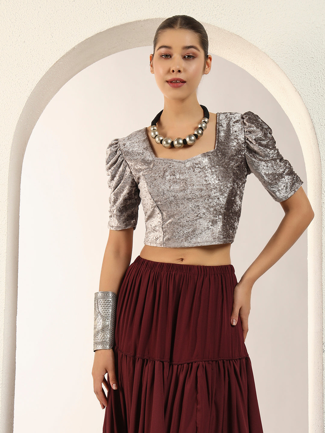 Crushed Velvet Puff-Sleeves Blouse for Women