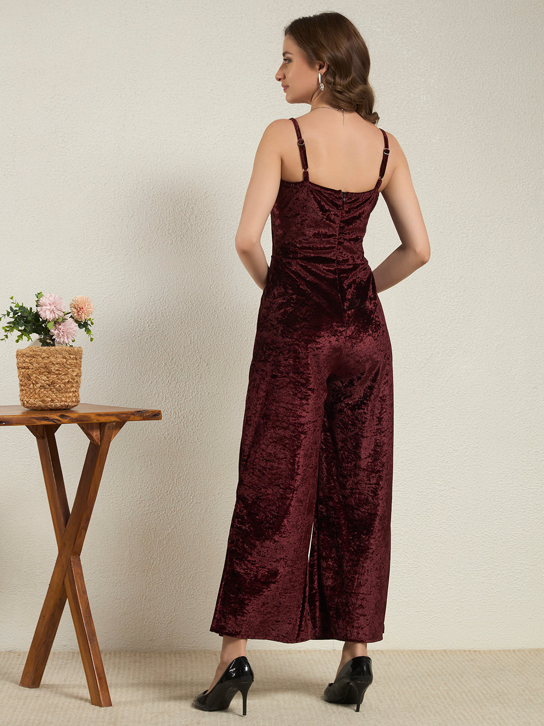 Burgundy Crushed Velvet Wide-Leg Jumpsuit