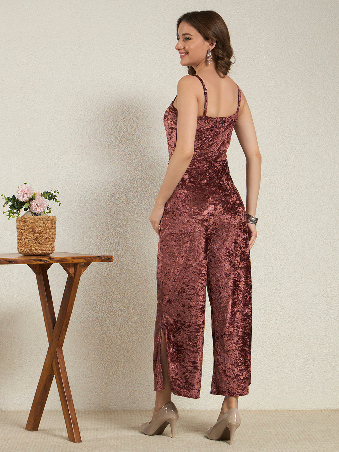 Rosewood Crushed Velvet Wide-Leg Jumpsuit