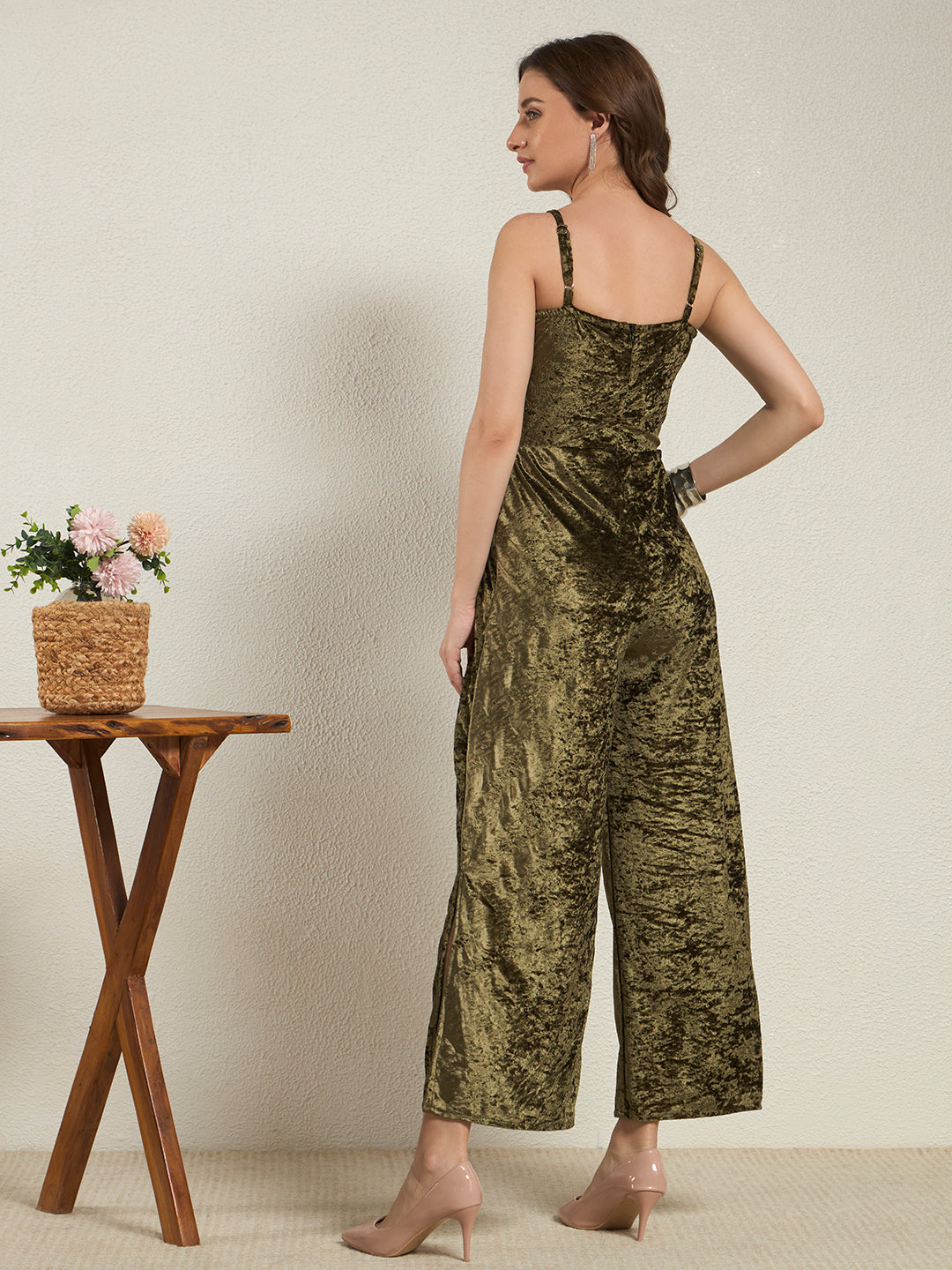 Luxe Olive Crushed Velvet Wide-Leg Jumpsuit