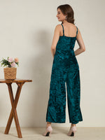 Peacock Green Crushed Velvet Wide-Leg Jumpsuit