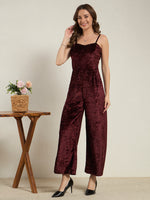 Burgundy Crushed Velvet Wide-Leg Jumpsuit