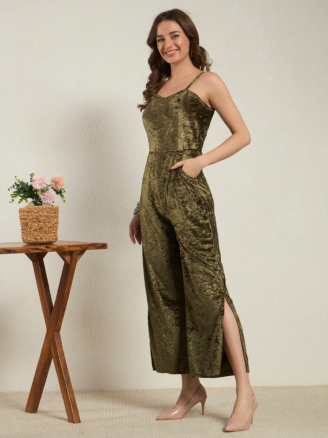 Luxe Olive Crushed Velvet Wide-Leg Jumpsuit