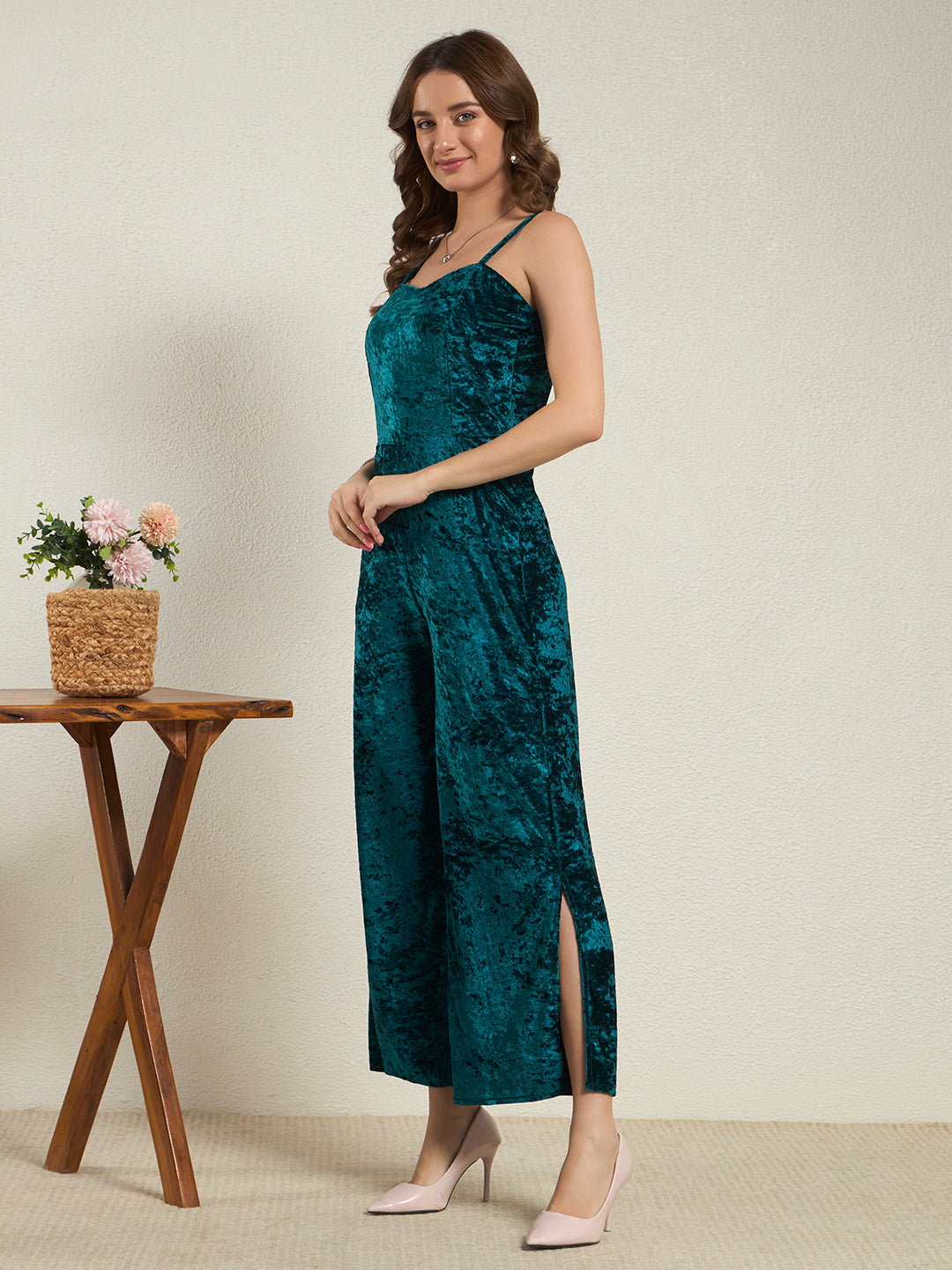 Peacock Green Crushed Velvet Wide-Leg Jumpsuit