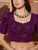 Purple Crushed Velvet Floral Shimmer Crop Blouse for Women