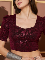 Wine Crushed Velvet Floral Shimmer Crop Blouse for Women