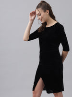 Boat Neck Gathered Surfacing Front Slit Velvet Sheath Dress