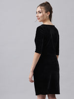 Boat Neck Gathered Surfacing Front Slit Velvet Sheath Dress