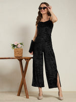 Raven Black Crushed Velvet Wide-Leg Jumpsuit