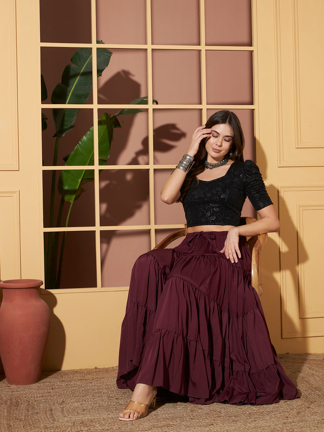 Black Crushed Velvet Shimmer Crop Blouse for Women
