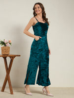 Peacock Green Crushed Velvet Wide-Leg Jumpsuit