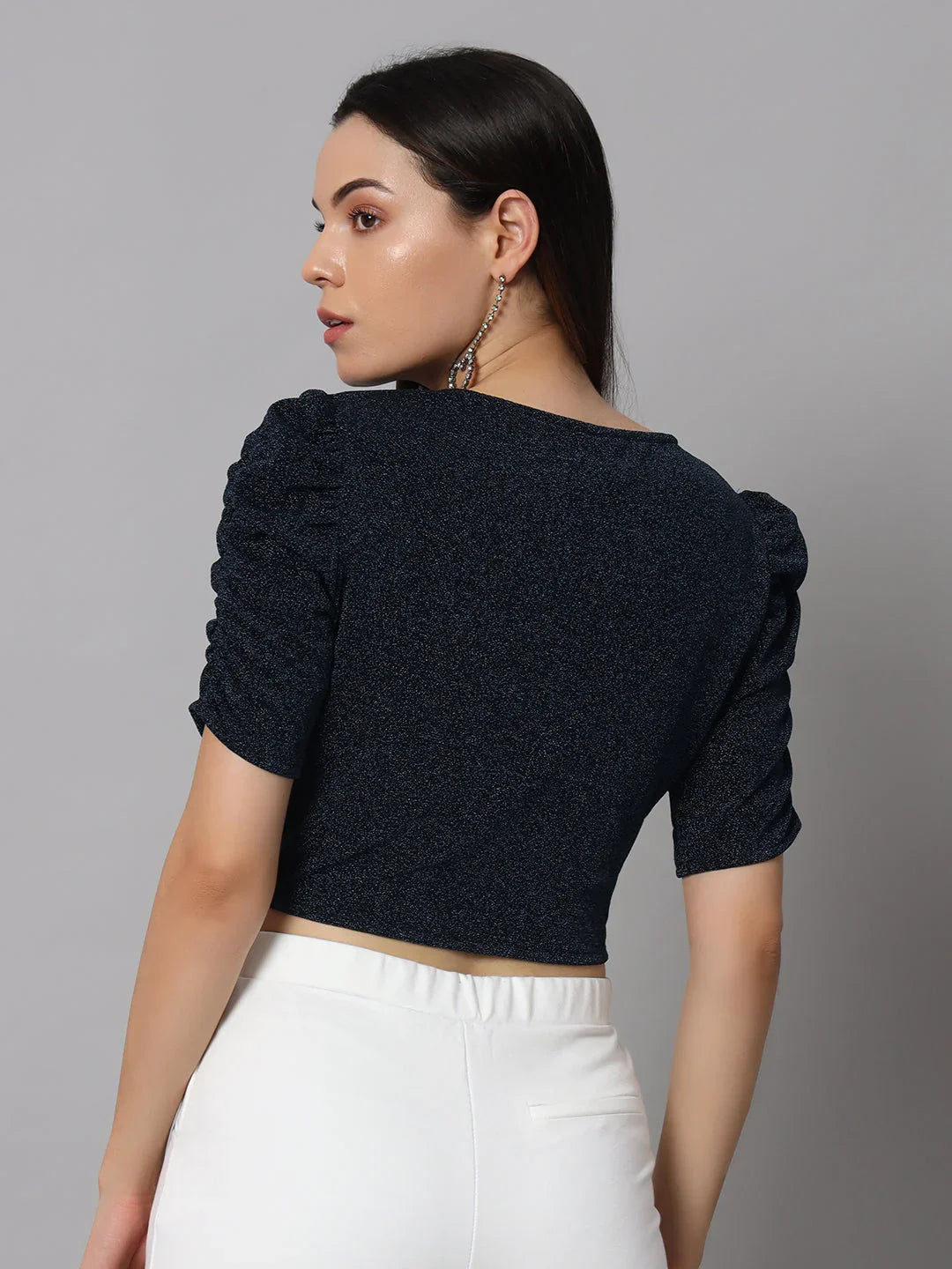 Lycra Party Puff Sleeves Shiny Readymade Blouse