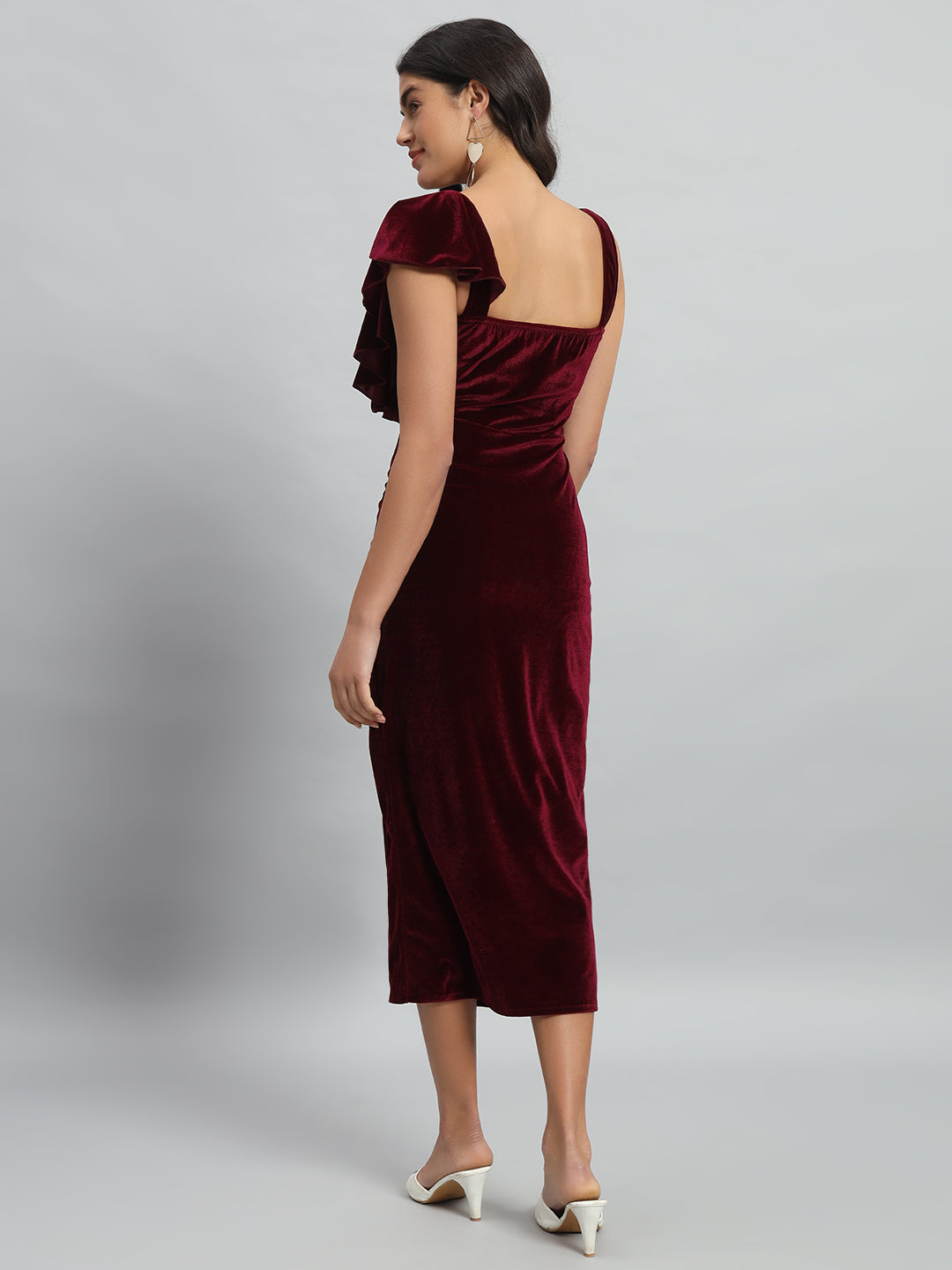Shoulder Straps Velvet Ruffles Bodycon Midi Dress
