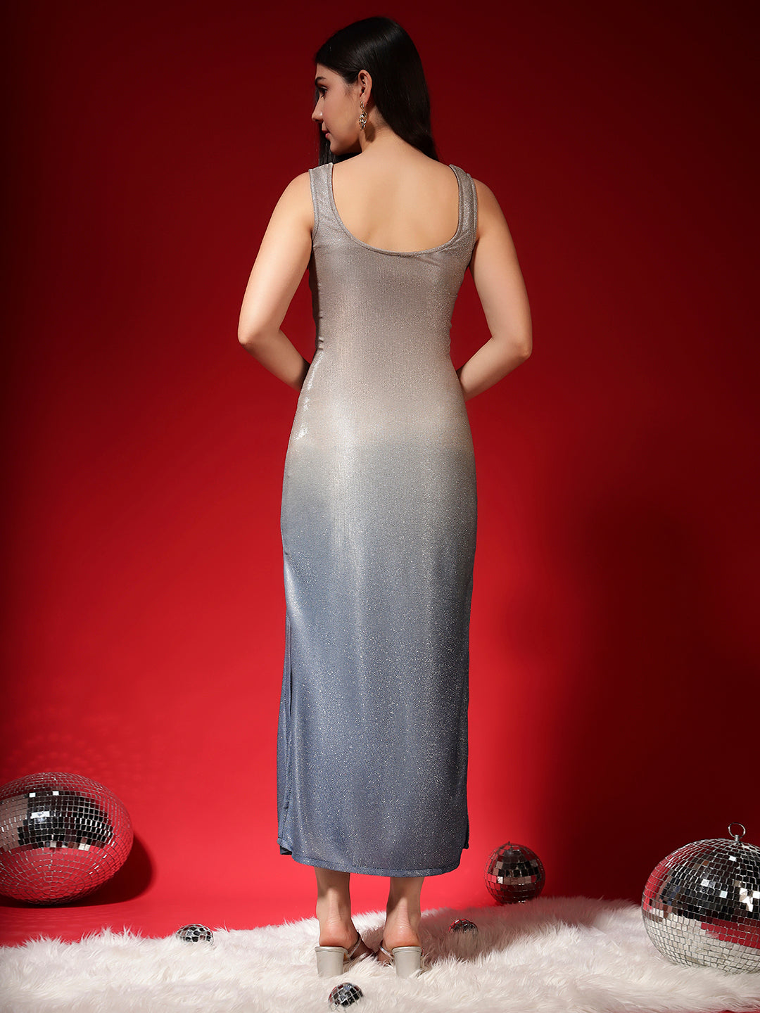 Lycra Bodycon Sleeveless Party Dress Silver Navy Ombre