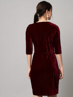 V-Neck Ruffles Detail Velvet Sheath Dress