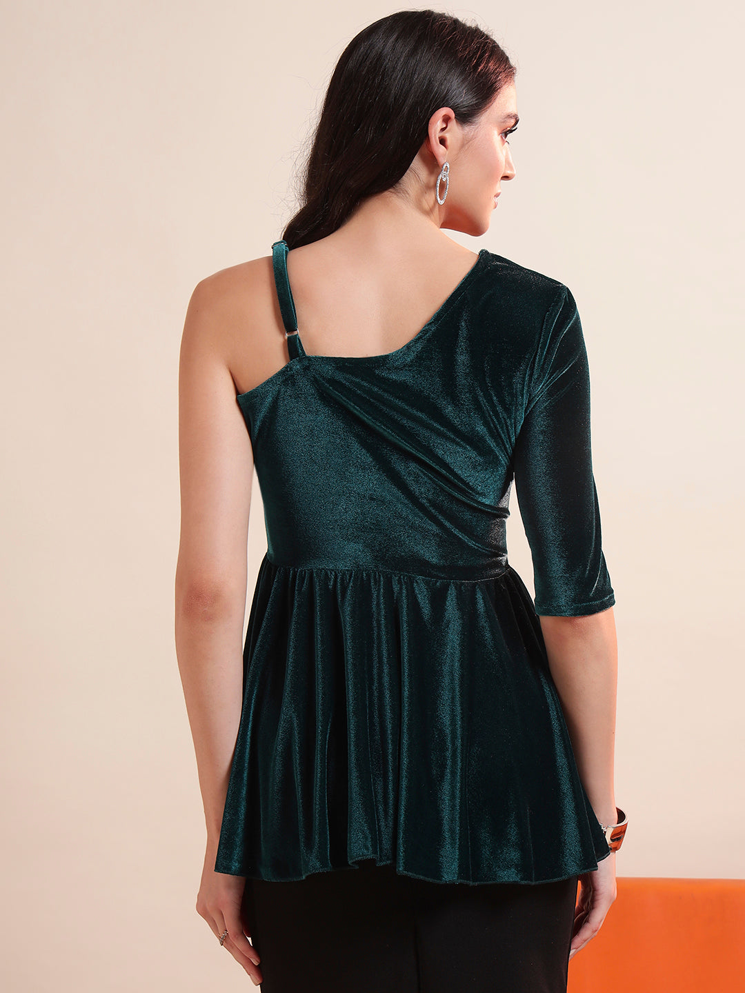 Solid One Shoulder Velvet Peplum Top