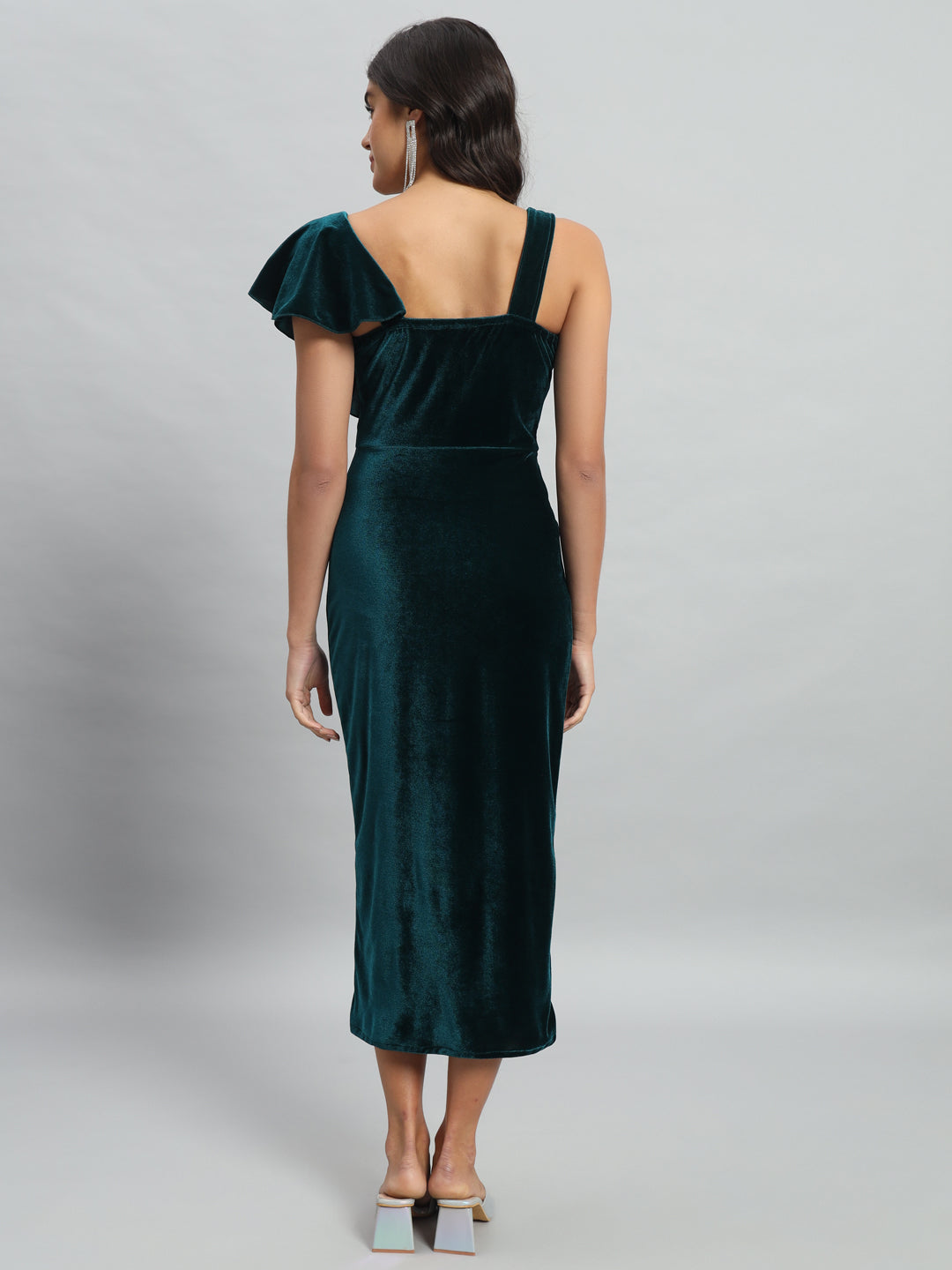 Shoulder Straps Velvet Ruffles Bodycon Midi Dress