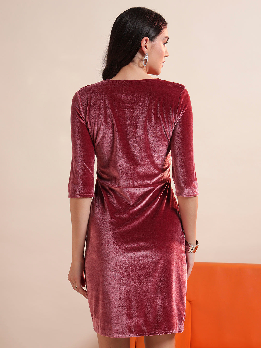 V-Neck Ruffles Detail Velvet Sheath Dress