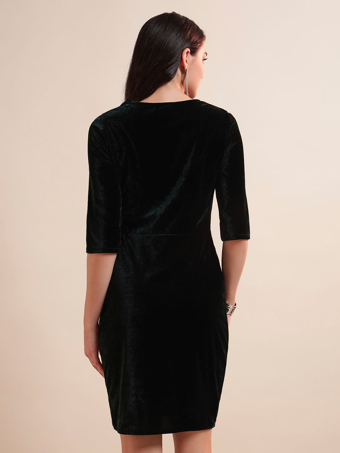 V-Neck Ruffles Detail Velvet Sheath Dress