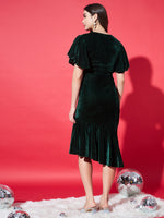 Women Flared Sleeves Velvet Drop-Waist Midi Dress With Ruffles Details