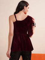 Solid One Shoulder Velvet Peplum Top
