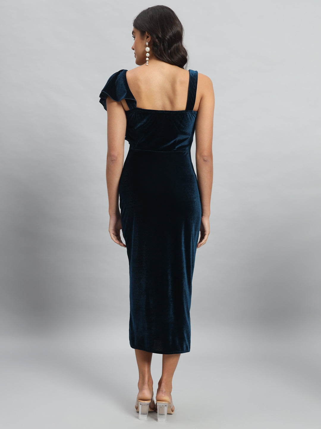 Shoulder Straps Velvet Ruffles Bodycon Midi Dress