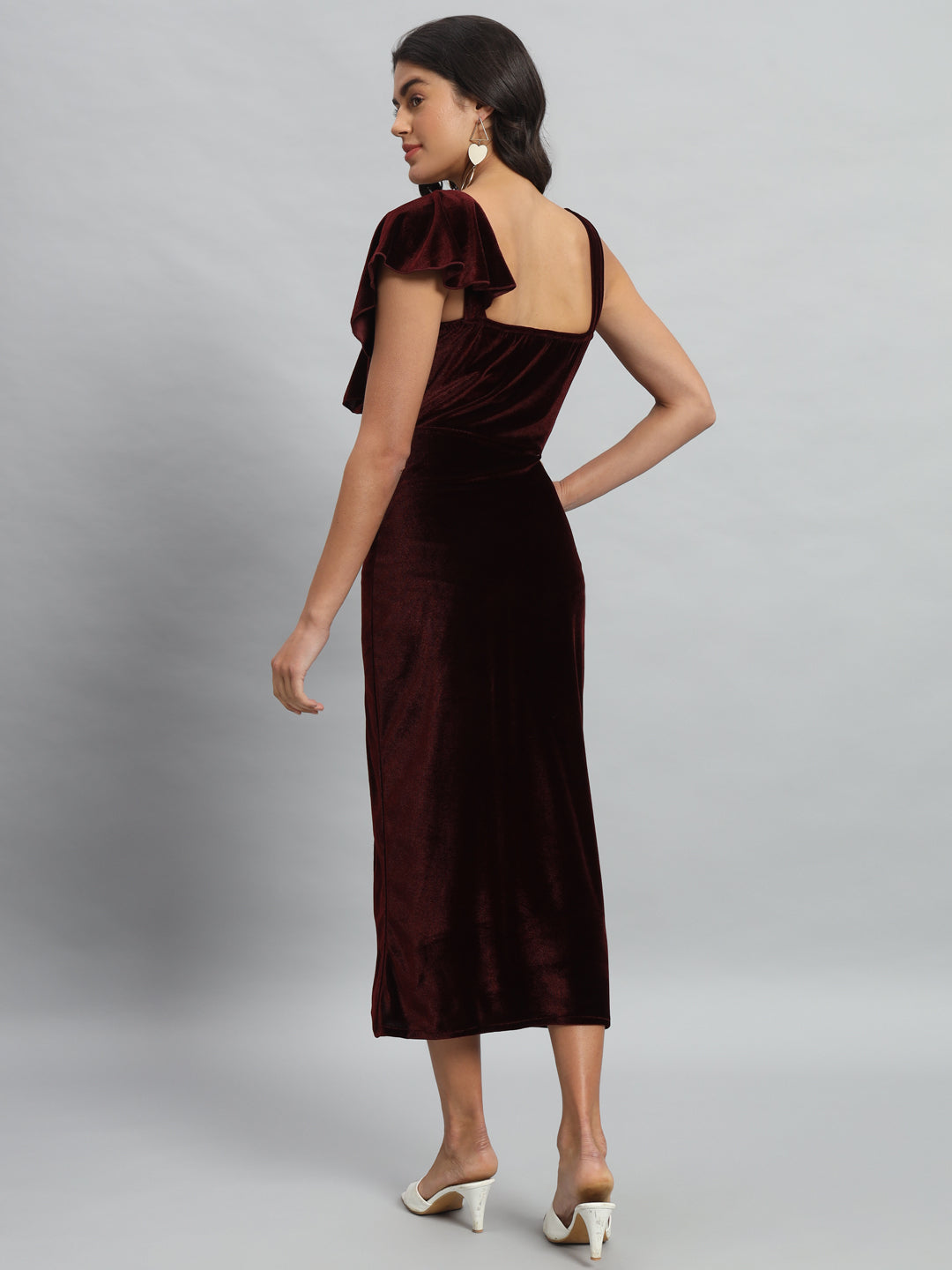 Shoulder Straps Velvet Ruffles Bodycon Midi Dress