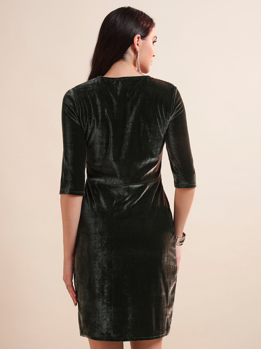 V-Neck Ruffles Detail Velvet Sheath Dress
