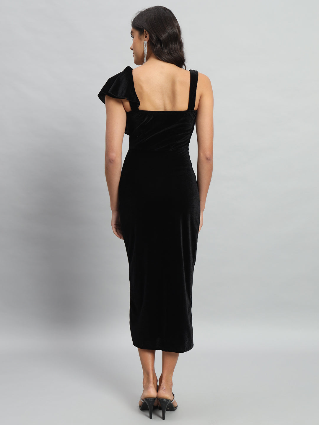 Shoulder Straps Velvet Ruffles Bodycon Midi Dress