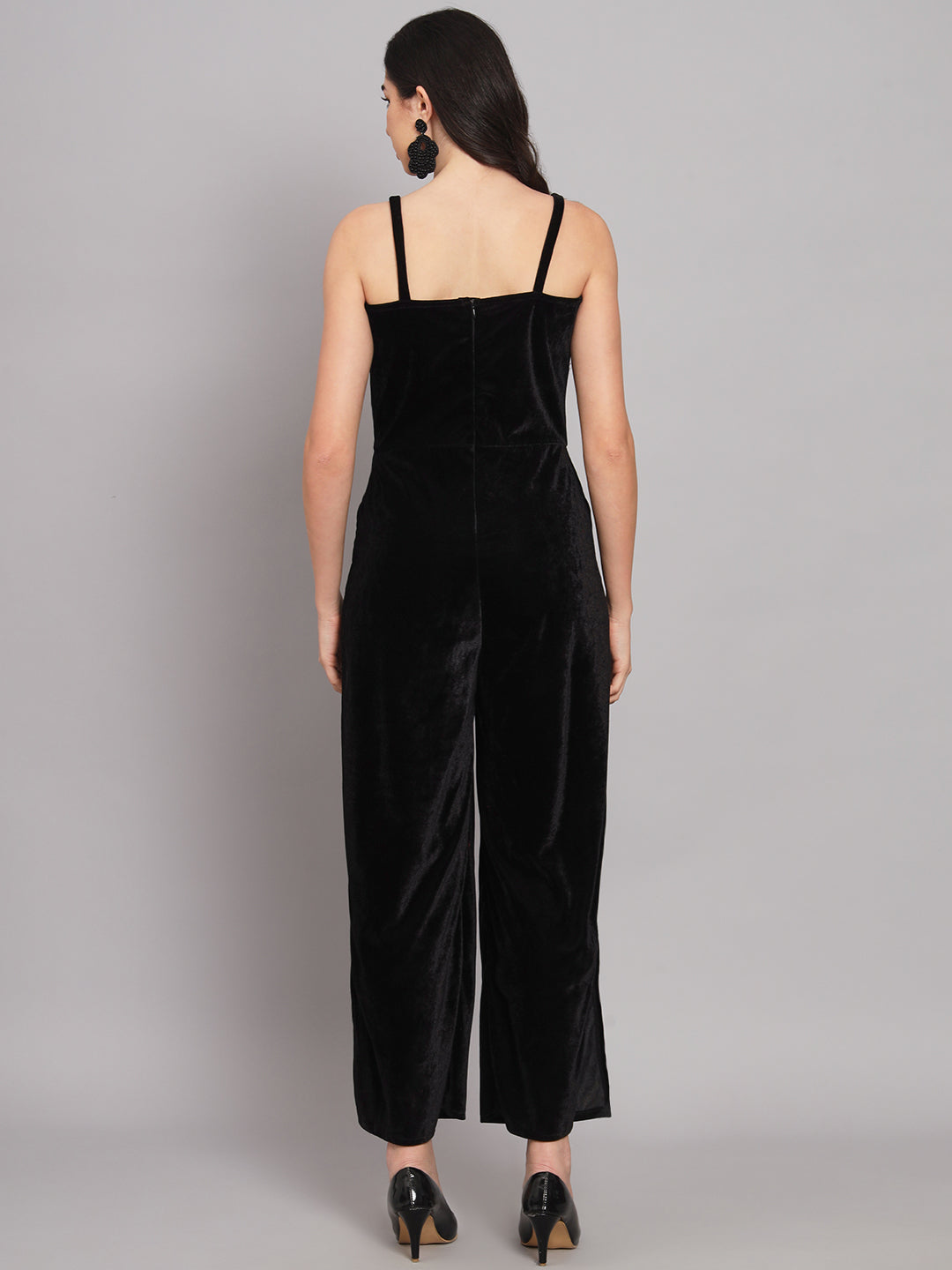 Shoulder Strapped Basic Velvet Jumpsuit