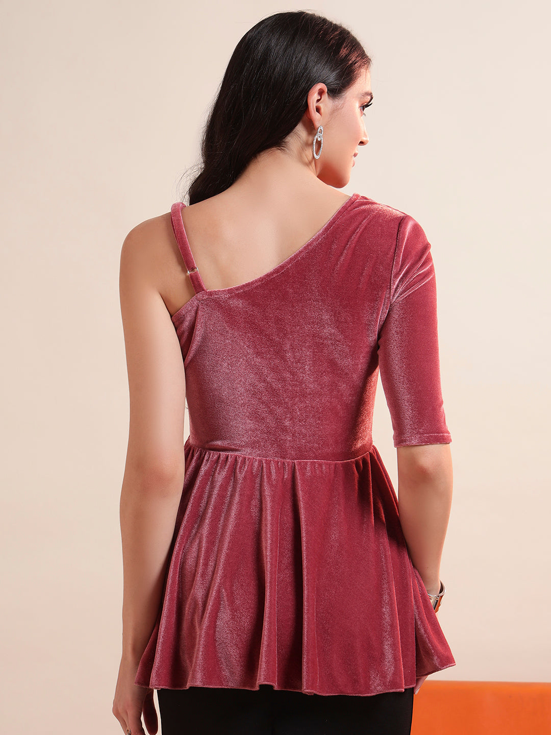 Solid One Shoulder Velvet Peplum Top