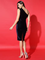 Vaararo Velvet One-Shoulder Bodycon Dress for Women | Sleeveless Partywear Outfit with Draped Detailing