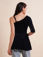 Solid One Shoulder Velvet Peplum Top