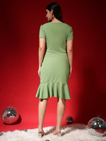 Bodycon Lycra Ruffle Hem Dress with Puff Sleeves